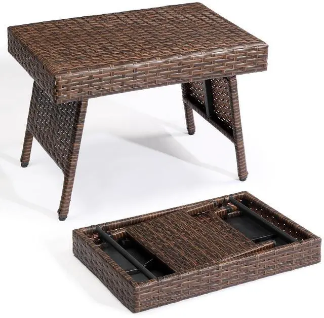 Main image of VINGLI Outdoor Folding Rattan Side Table, Portable Wicker End Table for Patio, Garden, Poolside, and Indoor Use, Mix Mocha