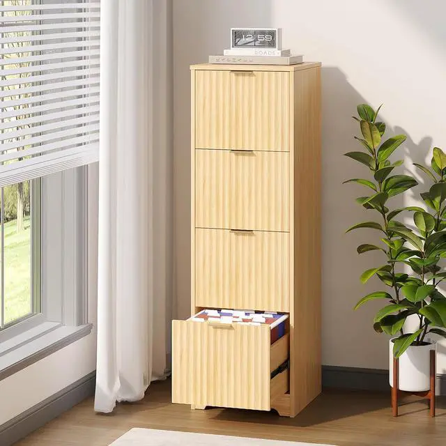 Alt view image 2 of 7 - VINGLI Tall 4 Drawer File Cabinet, Home Office Filing Organizer, for Letter Size File Folder Storage, Modern Style Fluted Design, Wood Vertical Filing Cabinet, Printer Stand, Archivador (Oak)
