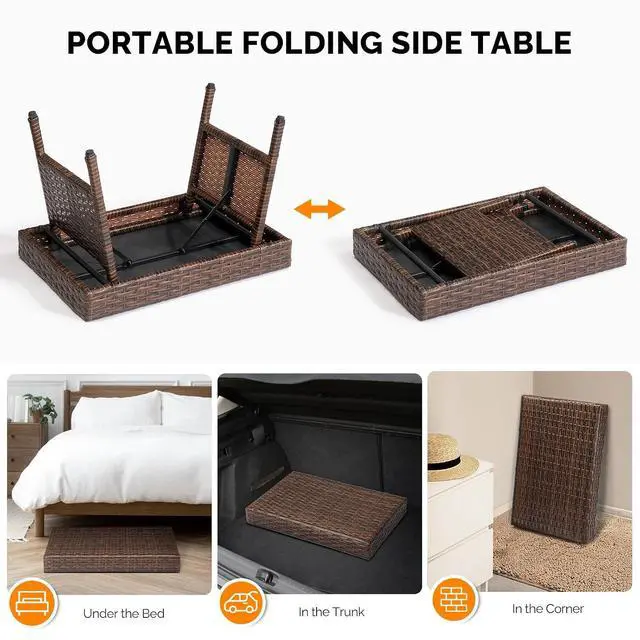 Alt view image 5 of 7 - VINGLI Outdoor Folding Rattan Side Table, Portable Wicker End Table for Patio, Garden, Poolside, and Indoor Use, Mix Mocha