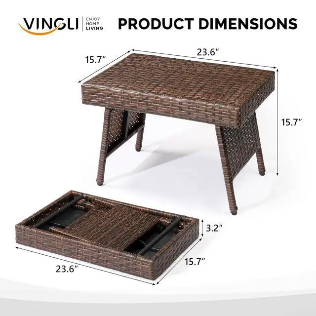 Alt view image 3 of 7 - VINGLI Outdoor Folding Rattan Side Table, Portable Wicker End Table for Patio, Garden, Poolside, and Indoor Use, Mix Mocha
