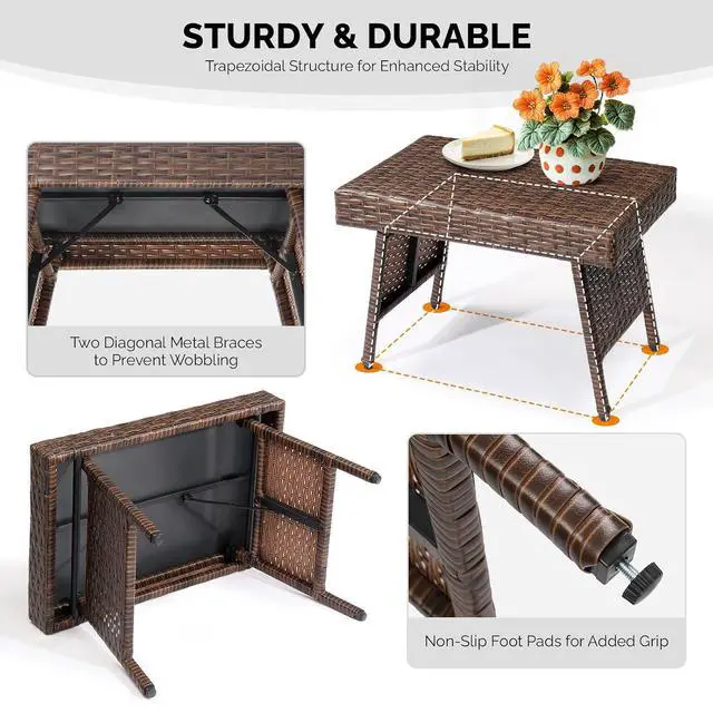 Alt view image 6 of 7 - VINGLI Outdoor Folding Rattan Side Table, Portable Wicker End Table for Patio, Garden, Poolside, and Indoor Use, Mix Mocha