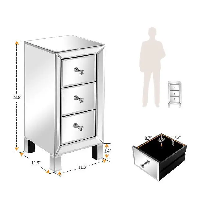 Alt view image 2 of 7 - Bonnlo 3-Drawer Mirrored Nightstand End Table Bedside Table for Bedroom, Living Room, Silver, 11.7" L x 11.8" W x 23.8" H