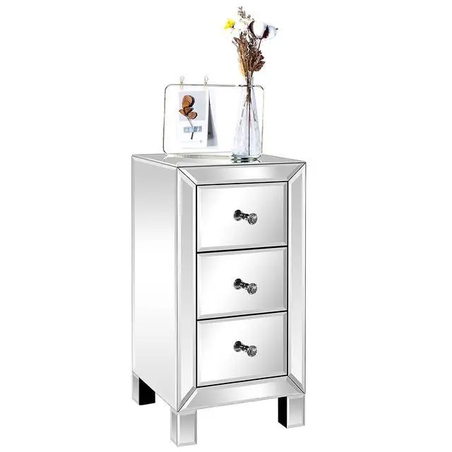 Alt view image 3 of 7 - Bonnlo 3-Drawer Mirrored Nightstand End Table Bedside Table for Bedroom, Living Room, Silver, 11.7" L x 11.8" W x 23.8" H