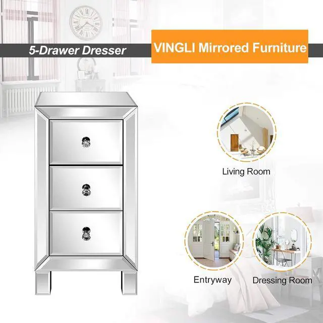Alt view image 4 of 7 - Bonnlo 3-Drawer Mirrored Nightstand End Table Bedside Table for Bedroom, Living Room, Silver, 11.7" L x 11.8" W x 23.8" H