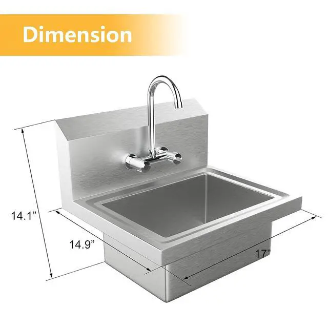 Alt view image 4 of 7 - Bonnlo Upgraded Commercial Hand Wash Sink Stainless Steel Prep/ Bar Sinks - Wall Mount Utility Sink with Faucet, Heavy Duty Hand Washing Basin for Commercial Restaurant RV Kitchen, 17x 15 x 14