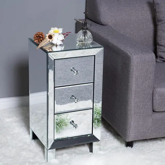 Alt view image 5 of 7 - Bonnlo 3-Drawer Mirrored Nightstand End Table Bedside Table for Bedroom, Living Room, Silver, 11.7" L x 11.8" W x 23.8" H