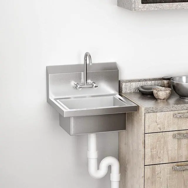 Alt view image 5 of 7 - Bonnlo Upgraded Commercial Hand Wash Sink Stainless Steel Prep/ Bar Sinks - Wall Mount Utility Sink with Faucet, Heavy Duty Hand Washing Basin for Commercial Restaurant RV Kitchen, 17x 15 x 14