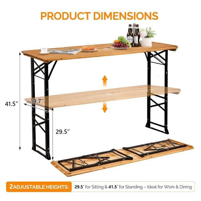 Alt view image 3 of 7 - VINGLI 67 Inch Wooden Folding Picnic Table, Picnic Beer Table with Umbrella Hole, Adjustable Heights (29.5" Sitting & 41.5" Standing) Perfect for Picnics, BBQs, Parties, Bars, and Camping