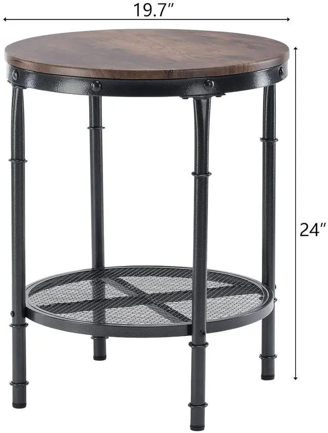 Alt view image 3 of 7 - VINGLI 20" Round Side Table, Industrial End Tables Living Room, Walnut | Small Center Table with Metal Mesh, Rustic Farmhouse Side Tables for Bedroom, Bedside, Office, Corner