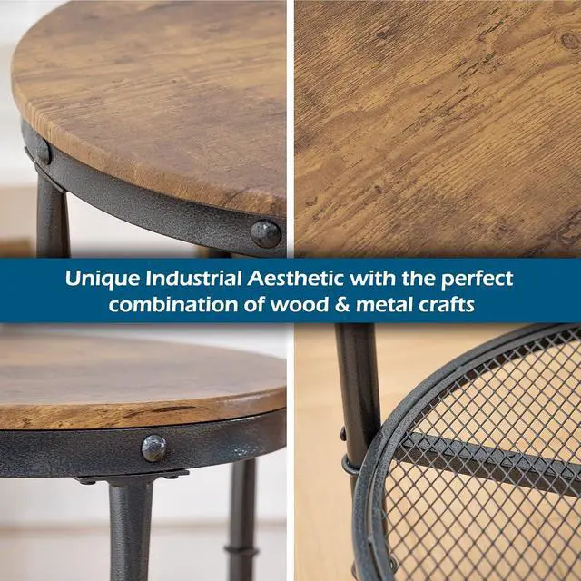 Alt view image 4 of 7 - VINGLI 20" Round Side Table, Industrial End Tables Living Room, Walnut | Small Center Table with Metal Mesh, Rustic Farmhouse Side Tables for Bedroom, Bedside, Office, Corner