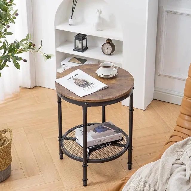 Alt view image 2 of 7 - VINGLI 20" Round Side Table, Industrial End Tables Living Room, Walnut | Small Center Table with Metal Mesh, Rustic Farmhouse Side Tables for Bedroom, Bedside, Office, Corner