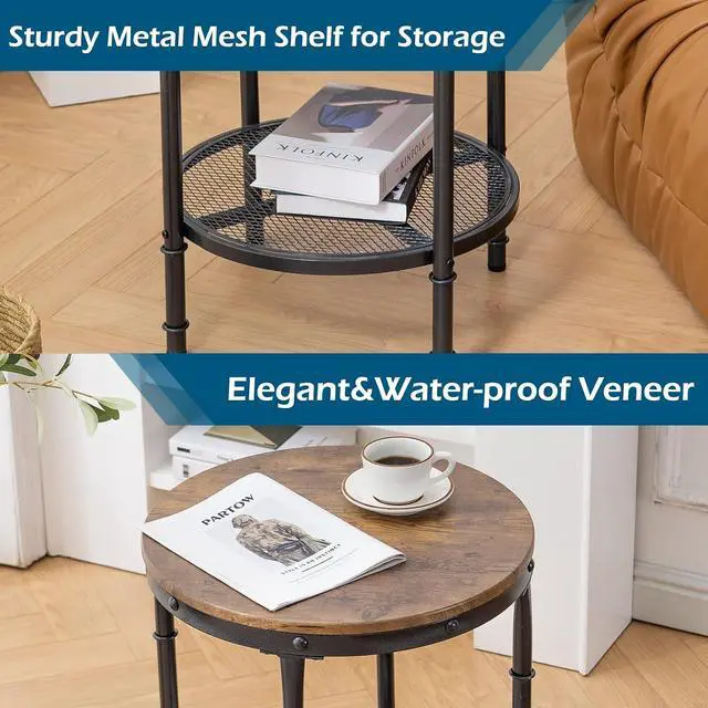 Alt view image 5 of 7 - VINGLI 20" Round Side Table, Industrial End Tables Living Room, Walnut | Small Center Table with Metal Mesh, Rustic Farmhouse Side Tables for Bedroom, Bedside, Office, Corner
