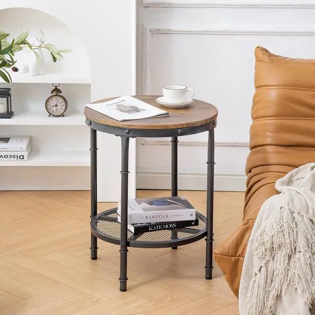 Alt view image 6 of 7 - VINGLI 20" Round Side Table, Industrial End Tables Living Room, Walnut | Small Center Table with Metal Mesh, Rustic Farmhouse Side Tables for Bedroom, Bedside, Office, Corner