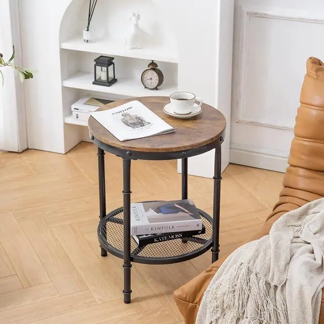 Alt view image 7 of 7 - VINGLI 20" Round Side Table, Industrial End Tables Living Room, Walnut | Small Center Table with Metal Mesh, Rustic Farmhouse Side Tables for Bedroom, Bedside, Office, Corner