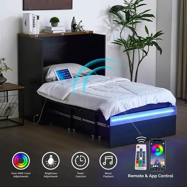 Alt view image 4 of 7 - VINGLI Twin Size Murphy Bed with LED Lights, Storage Drawer & Built-in Charging Station, Space-Saving Cabinet Bed for Kids,Adults & Guests,Classic Black