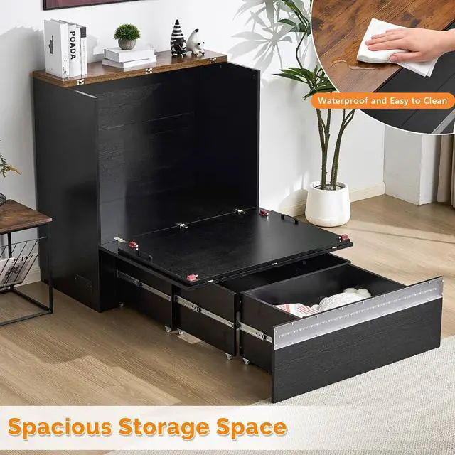 Alt view image 6 of 7 - VINGLI Twin Size Murphy Bed with LED Lights, Storage Drawer & Built-in Charging Station, Space-Saving Cabinet Bed for Kids,Adults & Guests,Classic Black