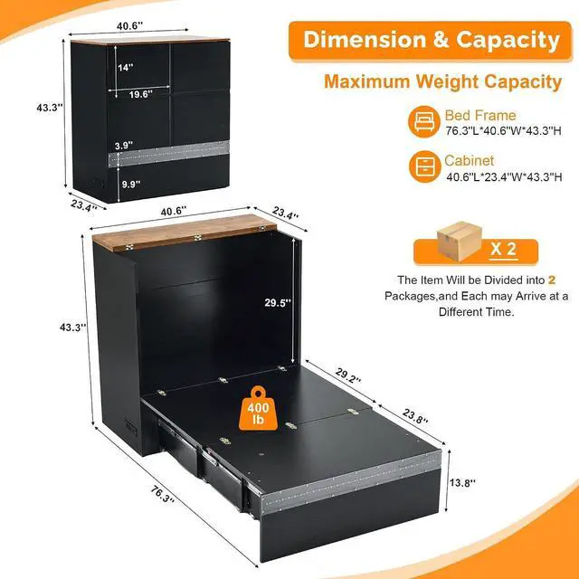 Alt view image 3 of 7 - VINGLI Twin Size Murphy Bed with LED Lights, Storage Drawer & Built-in Charging Station, Space-Saving Cabinet Bed for Kids,Adults & Guests,Classic Black