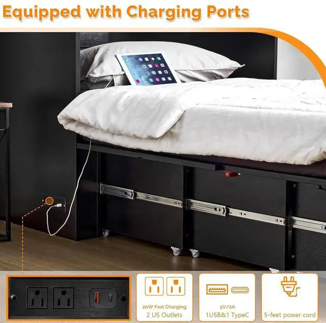Alt view image 7 of 7 - VINGLI Twin Size Murphy Bed with LED Lights, Storage Drawer & Built-in Charging Station, Space-Saving Cabinet Bed for Kids,Adults & Guests,Classic Black