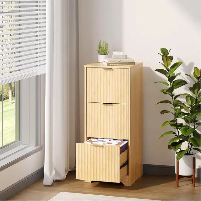 Alt view image 2 of 7 - VINGLI Tall 3 Drawer File Cabinet, Home Office Filing Organizer, for Letter Size File Folder Storage, Modern Style Fluted Design, Wood Vertical Filing Cabinet, Printer Stand, Archivador (Oak)