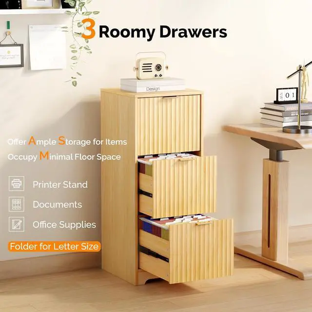Alt view image 4 of 7 - VINGLI Tall 3 Drawer File Cabinet, Home Office Filing Organizer, for Letter Size File Folder Storage, Modern Style Fluted Design, Wood Vertical Filing Cabinet, Printer Stand, Archivador (Oak)