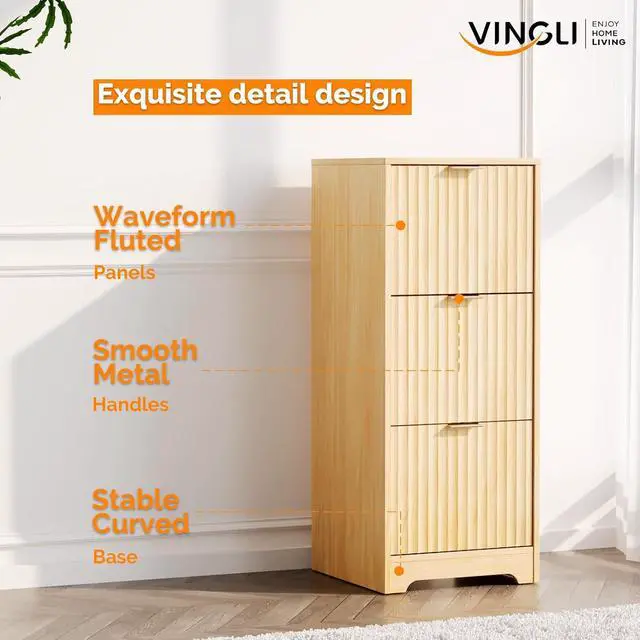 Alt view image 5 of 7 - VINGLI Tall 3 Drawer File Cabinet, Home Office Filing Organizer, for Letter Size File Folder Storage, Modern Style Fluted Design, Wood Vertical Filing Cabinet, Printer Stand, Archivador (Oak)
