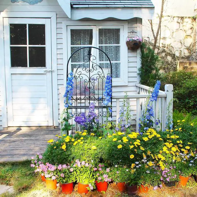 Alt view image 6 of 7 - Garden Trellis for Climbing Plants 70.8" H x 25.6" W Metal Wrought Iron Outdoor Wall Panel for Vines Flowers Elegant Accent Decorative Garden Structure