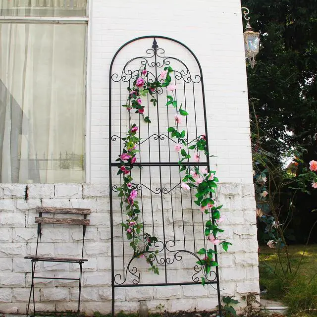 Alt view image 4 of 7 - Garden Trellis for Climbing Plants 86.6" H x 29.5" W Tall Garden Trellis Wrought Iron Heavy Scroll Metal Decoration Lawn Patio for Rose Clematis Ivy Weather Resistant