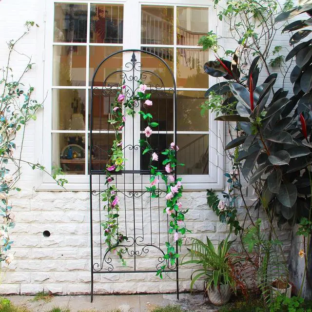 Alt view image 5 of 7 - Garden Trellis for Climbing Plants 86.6" H x 29.5" W Tall Garden Trellis Wrought Iron Heavy Scroll Metal Decoration Lawn Patio for Rose Clematis Ivy Weather Resistant