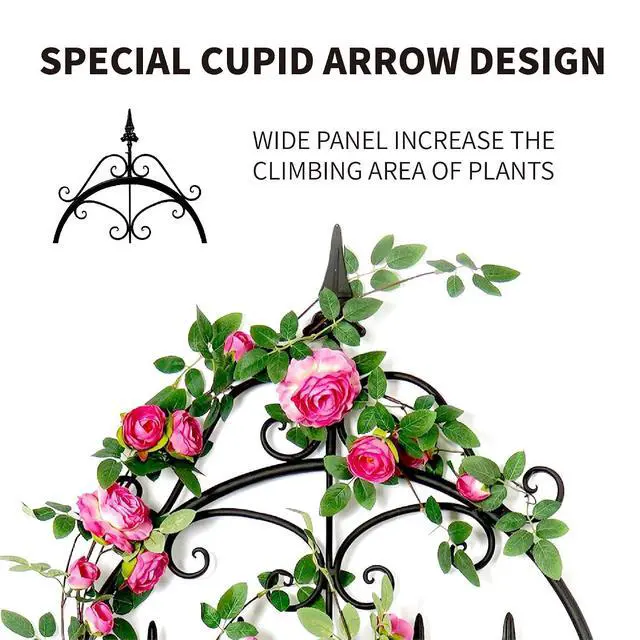 Alt view image 2 of 7 - Trellis for Climbing Plants, 60" H x 21.7" W Heavy Duty Metal Trellis, 5FT Rustproof Black Iron Vine Support Trellis with Ground Stakes, Decorative Cupid Arrow Design for Roses, Vines