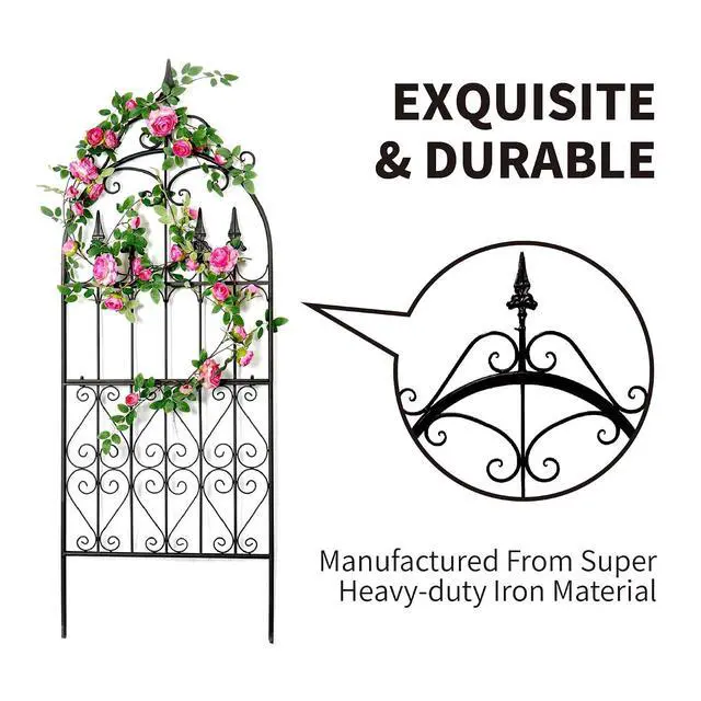 Alt view image 3 of 7 - Trellis for Climbing Plants, 60" H x 21.7" W Heavy Duty Metal Trellis, 5FT Rustproof Black Iron Vine Support Trellis with Ground Stakes, Decorative Cupid Arrow Design for Roses, Vines