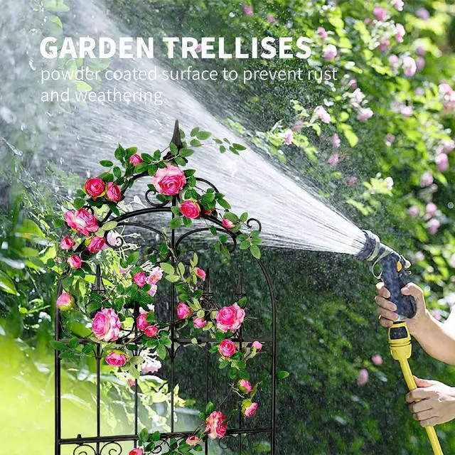 Alt view image 5 of 7 - Trellis for Climbing Plants, 60" H x 21.7" W Heavy Duty Metal Trellis, 5FT Rustproof Black Iron Vine Support Trellis with Ground Stakes, Decorative Cupid Arrow Design for Roses, Vines