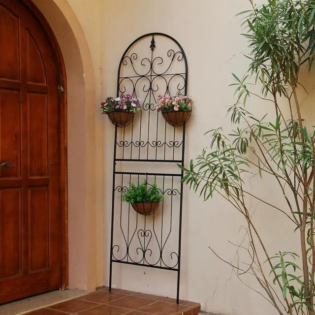 Alt view image 7 of 7 - Metal Trellis 82.7" H x 26.7" W Tall Powder-Coated Black Garden Trellis Wrought Iron Heavy Scroll Metal Decoration Lawn Patio for Rose Clematis Ivy Weather Resistant Garden Addition 1 Pack