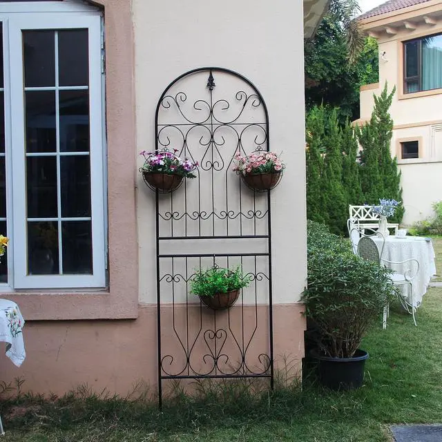 Alt view image 5 of 7 - Metal Trellis 82.7" H x 26.7" W Tall Powder-Coated Black Garden Trellis Wrought Iron Heavy Scroll Metal Decoration Lawn Patio for Rose Clematis Ivy Weather Resistant Garden Addition 1 Pack