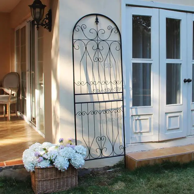 Alt view image 6 of 7 - Metal Trellis 82.7" H x 26.7" W Tall Powder-Coated Black Garden Trellis Wrought Iron Heavy Scroll Metal Decoration Lawn Patio for Rose Clematis Ivy Weather Resistant Garden Addition 1 Pack
