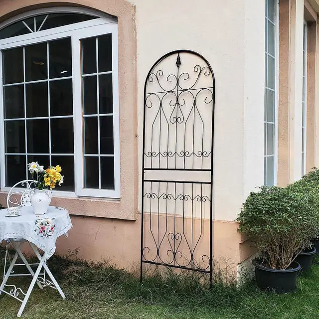Alt view image 2 of 7 - Metal Trellis 82.7" H x 26.7" W Tall Powder-Coated Black Garden Trellis Wrought Iron Heavy Scroll Metal Decoration Lawn Patio for Rose Clematis Ivy Weather Resistant Garden Addition 1 Pack