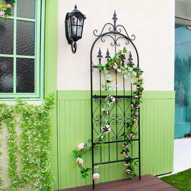 Alt view image 2 of 7 - Garden Trellis for Climbing Plants, 70" H x 21.7" W Heavy Duty Metal Trellis, 6FT Rustproof Black Iron Vine Support Trellis with 9.2" Ground Stakes, Decorative Cupid Arrow Design Roses, Vines