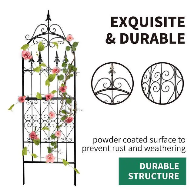 Alt view image 5 of 7 - Garden Trellis for Climbing Plants, 70" H x 21.7" W Heavy Duty Metal Trellis, 6FT Rustproof Black Iron Vine Support Trellis with 9.2" Ground Stakes, Decorative Cupid Arrow Design Roses, Vines
