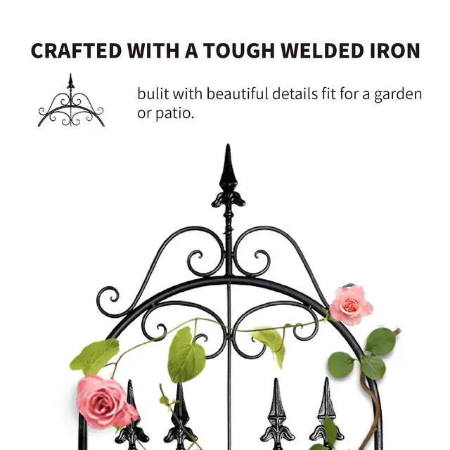 Alt view image 6 of 7 - Garden Trellis for Climbing Plants, 70" H x 21.7" W Heavy Duty Metal Trellis, 6FT Rustproof Black Iron Vine Support Trellis with 9.2" Ground Stakes, Decorative Cupid Arrow Design Roses, Vines
