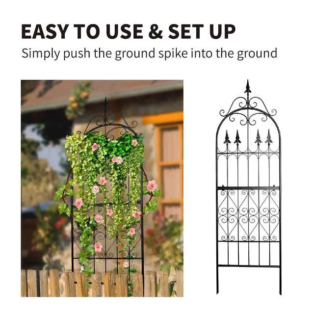 Alt view image 7 of 7 - Garden Trellis for Climbing Plants, 70" H x 21.7" W Heavy Duty Metal Trellis, 6FT Rustproof Black Iron Vine Support Trellis with 9.2" Ground Stakes, Decorative Cupid Arrow Design Roses, Vines