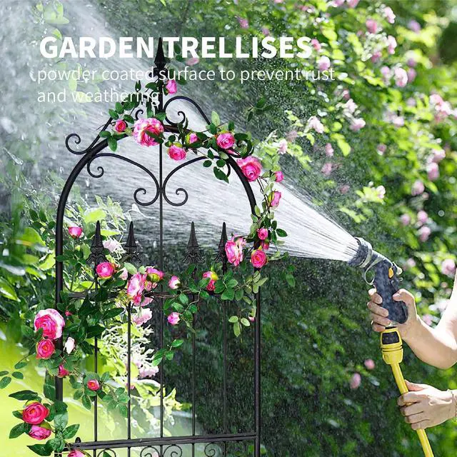 Alt view image 2 of 7 - Garden Trellis for Climbing Plants, 86" H x 21.7" W Heavy Duty Metal Trellis, 7.2FT Rustproof Black Iron Vine Support Trellis with 9.8" Ground Stakes, Decorative Cupid Arrow Design for Roses
