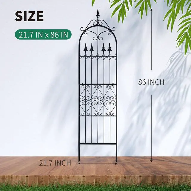 Alt view image 3 of 7 - Garden Trellis for Climbing Plants, 86" H x 21.7" W Heavy Duty Metal Trellis, 7.2FT Rustproof Black Iron Vine Support Trellis with 9.8" Ground Stakes, Decorative Cupid Arrow Design for Roses
