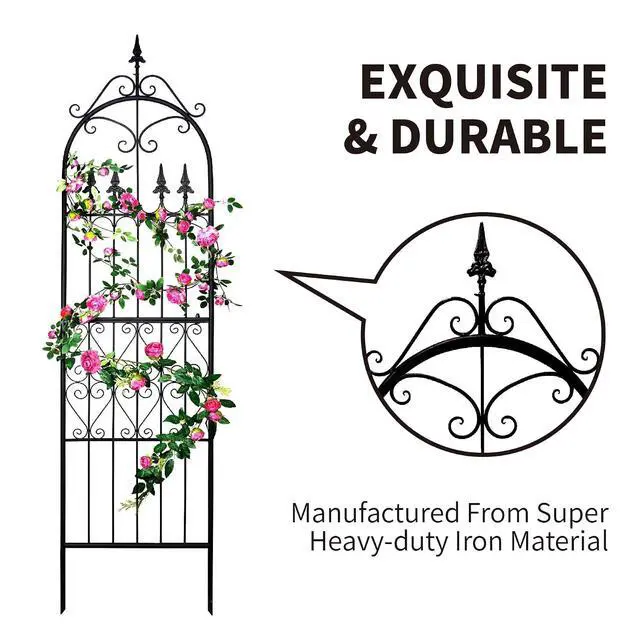 Alt view image 5 of 7 - Garden Trellis for Climbing Plants, 86" H x 21.7" W Heavy Duty Metal Trellis, 7.2FT Rustproof Black Iron Vine Support Trellis with 9.8" Ground Stakes, Decorative Cupid Arrow Design for Roses