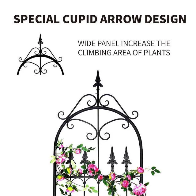 Alt view image 6 of 7 - Garden Trellis for Climbing Plants, 86" H x 21.7" W Heavy Duty Metal Trellis, 7.2FT Rustproof Black Iron Vine Support Trellis with 9.8" Ground Stakes, Decorative Cupid Arrow Design for Roses