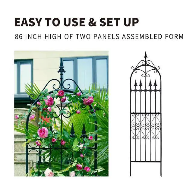 Alt view image 7 of 7 - Garden Trellis for Climbing Plants, 86" H x 21.7" W Heavy Duty Metal Trellis, 7.2FT Rustproof Black Iron Vine Support Trellis with 9.8" Ground Stakes, Decorative Cupid Arrow Design for Roses