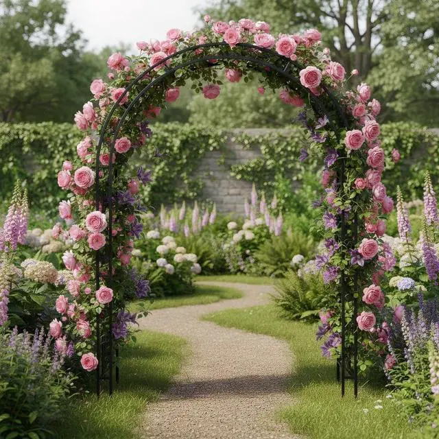 Alt view image 6 of 7 - Decorative Metal Garden Arch with Scrollwork 94.5" H x 64.9" W Rustproof Iron Arbor for Climbing Plants, Perfect for Weddings, Patio, Lawn, and Garden Decor