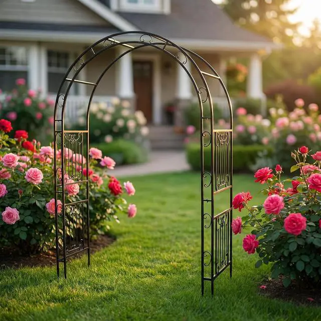 Alt view image 7 of 7 - Decorative Metal Garden Arch with Scrollwork 94.5" H x 64.9" W Rustproof Iron Arbor for Climbing Plants, Perfect for Weddings, Patio, Lawn, and Garden Decor
