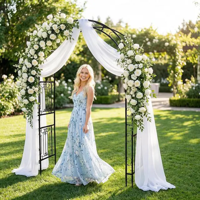 Alt view image 5 of 7 - Decorative Metal Garden Arch with Scrollwork 94.5" H x 64.9" W Rustproof Iron Arbor for Climbing Plants, Perfect for Weddings, Patio, Lawn, and Garden Decor