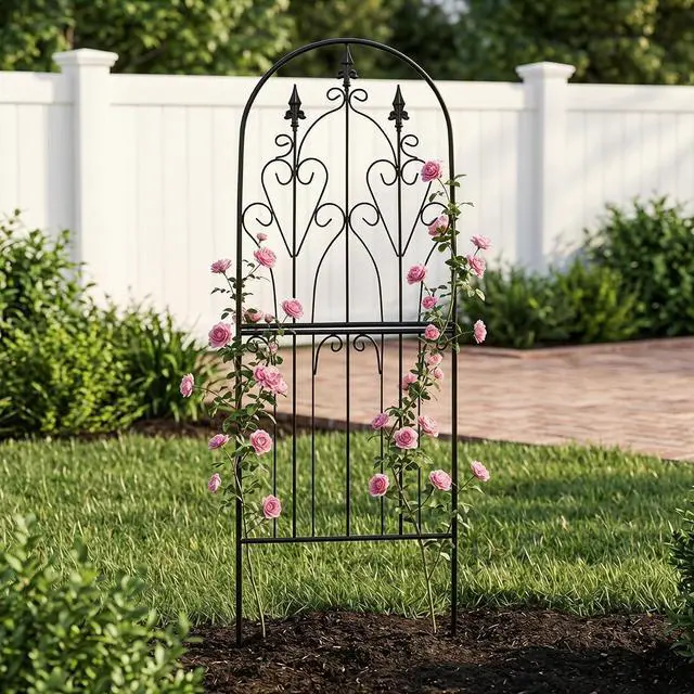 Alt view image 2 of 7 - Garden Trellis for Climbing Plants 59" H x 21.7" W Metal Unique Design Decorative Garden Structure Weather-Resistant Lattice Outdoor Decor Flowers Roses Vine Ivy Clematis Black Coating