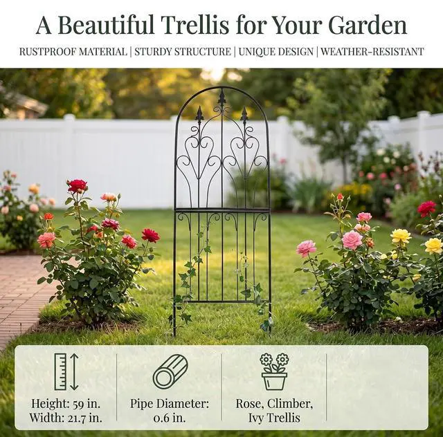 Alt view image 3 of 7 - Garden Trellis for Climbing Plants 59" H x 21.7" W Metal Unique Design Decorative Garden Structure Weather-Resistant Lattice Outdoor Decor Flowers Roses Vine Ivy Clematis Black Coating