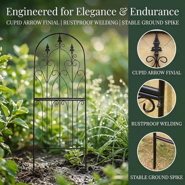Alt view image 5 of 7 - Garden Trellis for Climbing Plants 59" H x 21.7" W Metal Unique Design Decorative Garden Structure Weather-Resistant Lattice Outdoor Decor Flowers Roses Vine Ivy Clematis Black Coating
